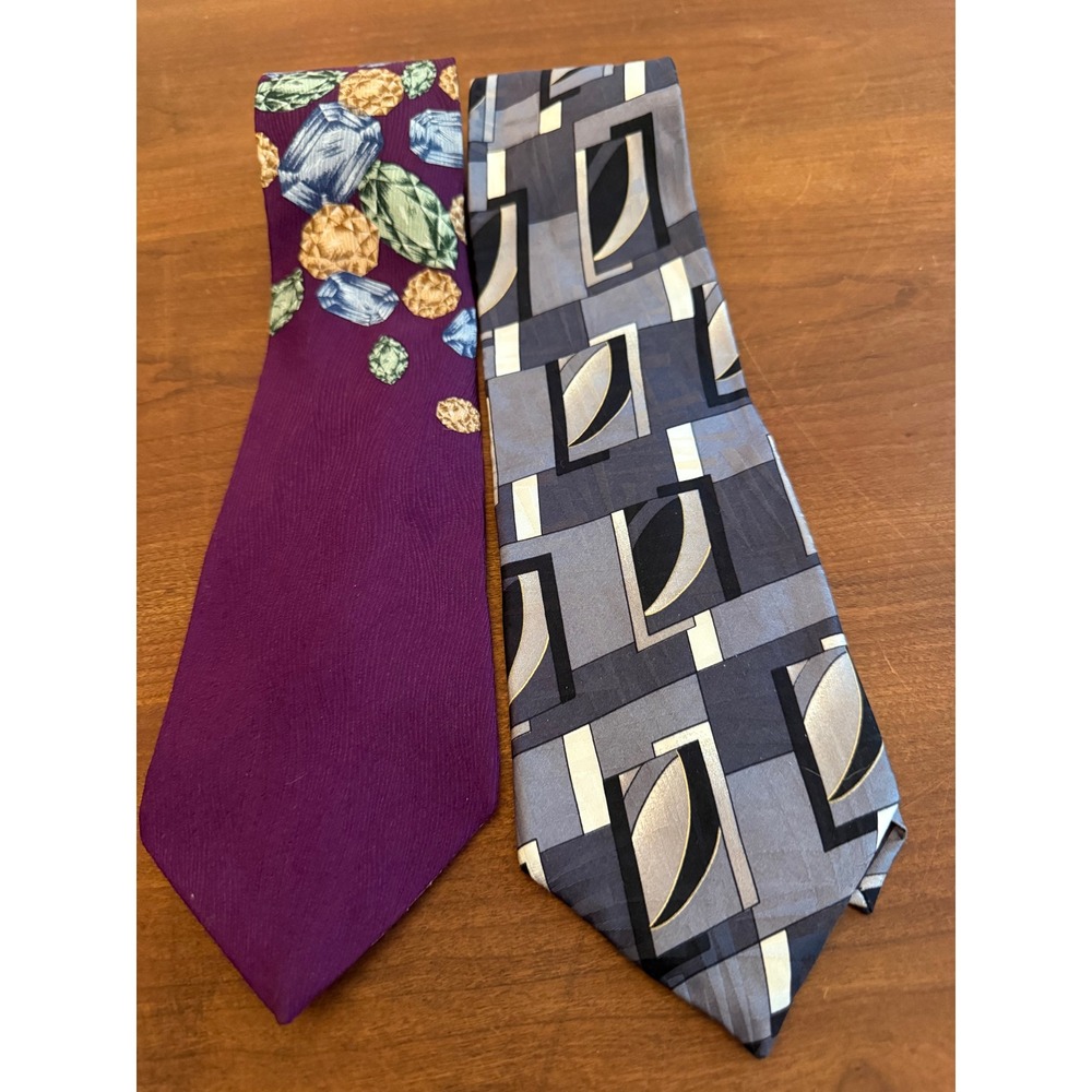Oscar de la Renta Couture Mens Silk Tie Lot 2 Purple Gemstone Geometric Abstract